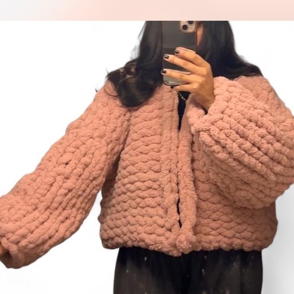Jackets & Blazers - Handmade Pink Chunky Knit Cardigan for Women